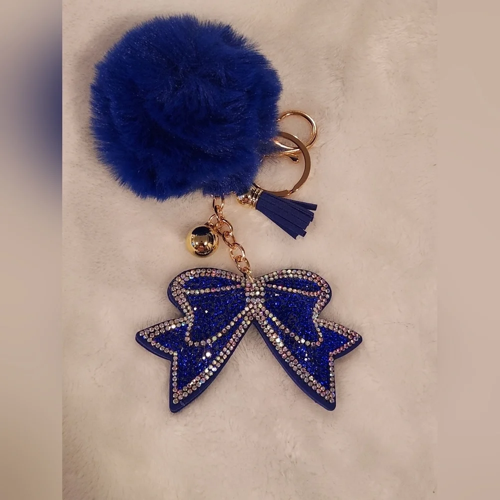 Elegant Blue Bow Keychain with Pom Pom Bag Char.